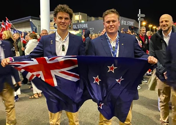 Elliott Farnan (Aircraft Maintenance) from Auckland and Jack Butler (Refrigeration and Air Conditioning) from Taranaki wave the New Zealand flag at the closing of the 47th WorldSkills Competition in Lyon, France